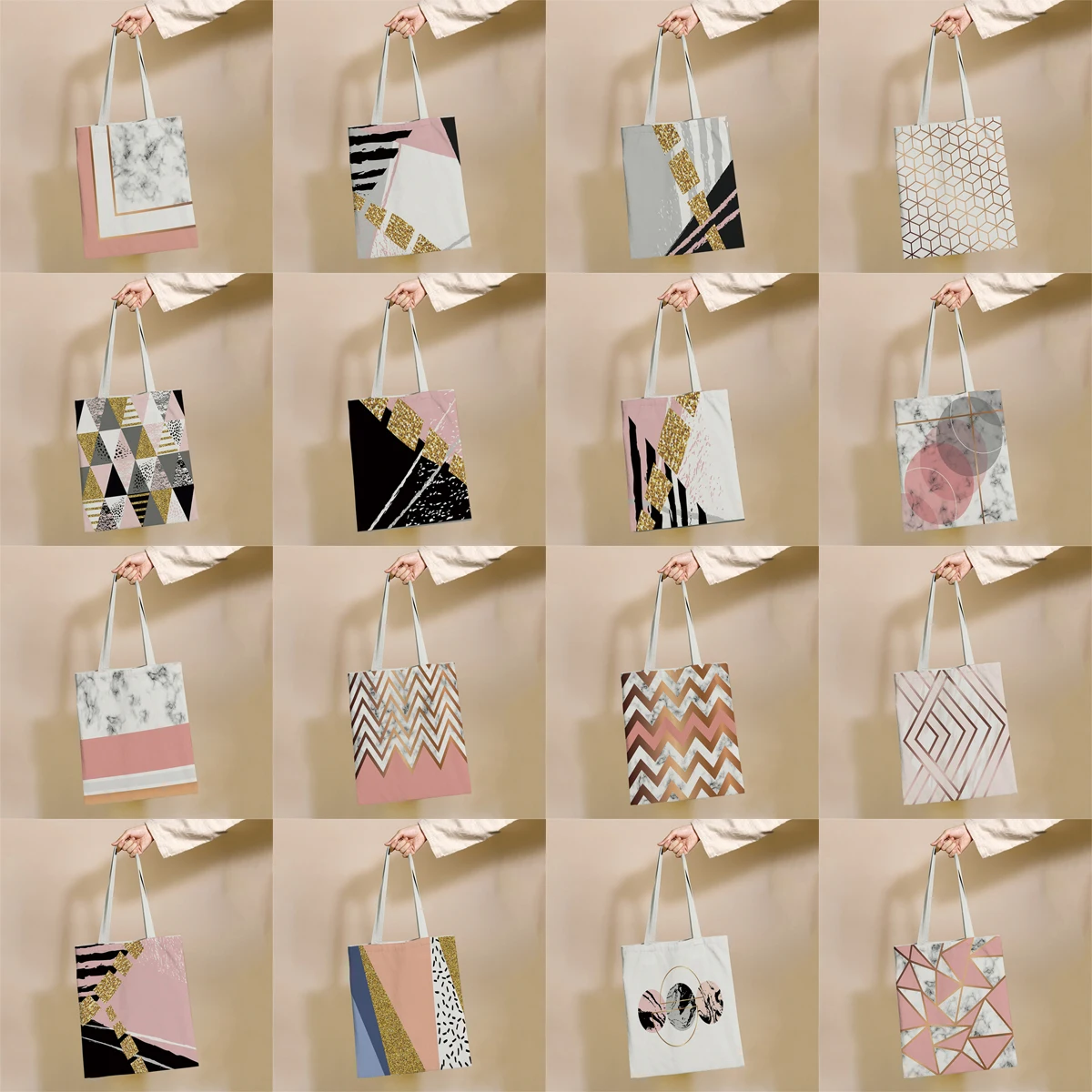 

Pink and Gold Geometric Patterns Reusable Shopping Bag Canvas Tote Bags Printing Eco Bag Shopper Shoulder Bags