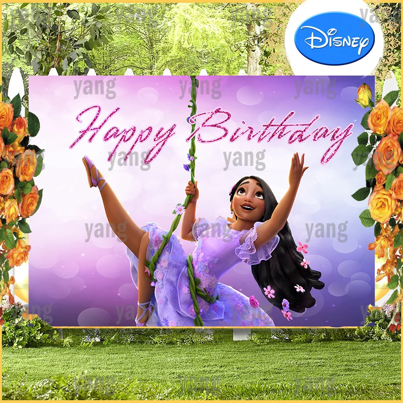 Disney Princess Encanto Mirabel Lsabella Cartoon Rainbow Happy Birthday Party Purple Glitter Background Photography Background