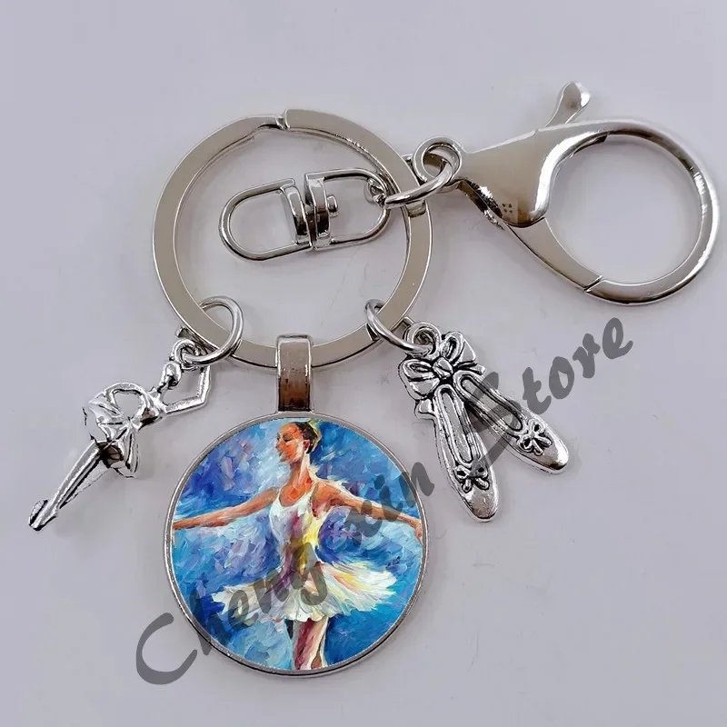 DIY ballerina keychain glass convex ballerina girl oil painting dancing dancer silhouette keychain jewelry gift