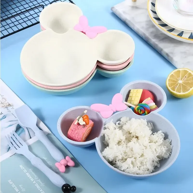 Tableware Set 3Pcs/set Cartoon Baby Bowl Tableware Set Wheat Straw Children's Dishes Kids Dinner Feeding Plate Bowknot Food Plate Spoon Fork