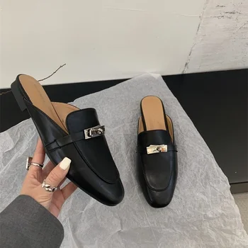 2025 Summer Autumn New Women's Leather Comfortable Slip On Slippers Daily Metal Decoration Casual Outside Mules Female Sandals