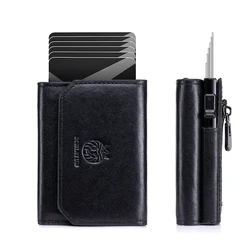 Genuine Leather RFID Blocking Minimalist Smart Wallet with Metal Card Holder (Black)