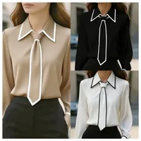 Women's Blouse Fashion Shirt Formal Bow Tie Long-sleeve Contrasting Trim Tops Slim-fit Workwear Elegant Office Lady Shirts Women - Image 3