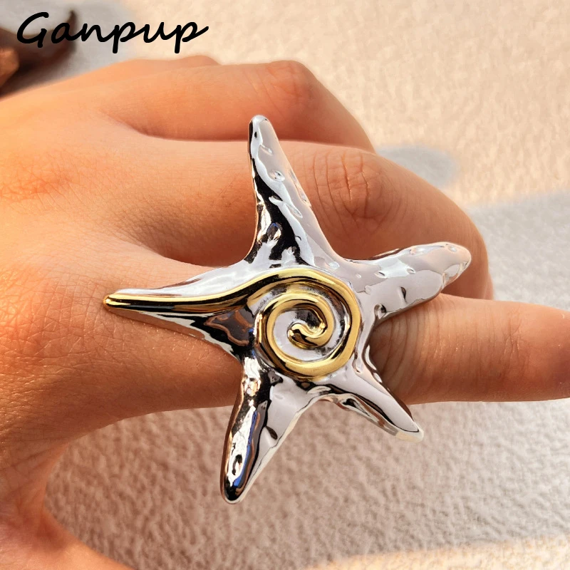GANPUP 316L Edelstahl Metall Übertriebener Seestern Offener Ring für Frauen Neue Wasserdichte Fingerringe Schmuck Urlaub Geschenke