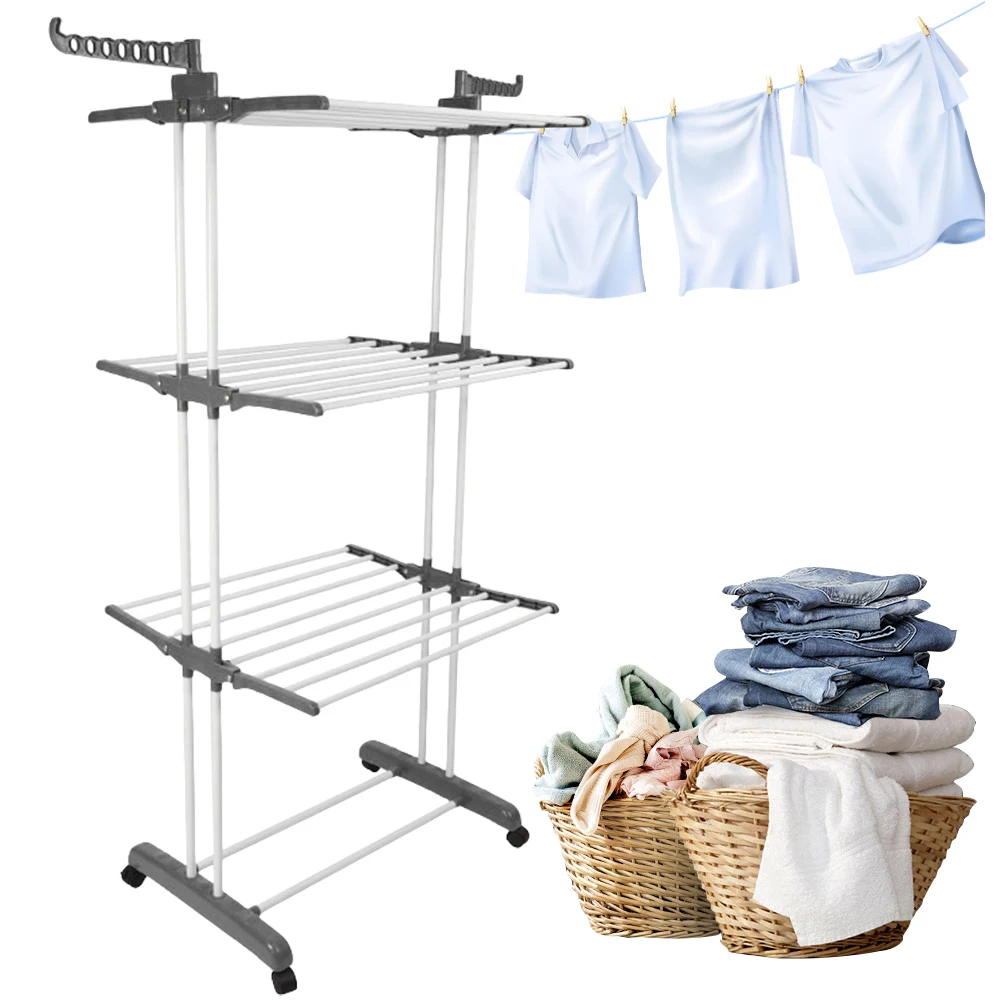 Foldable Iron Laundry Drying Rack with Castors for Indoor Outdoor Use