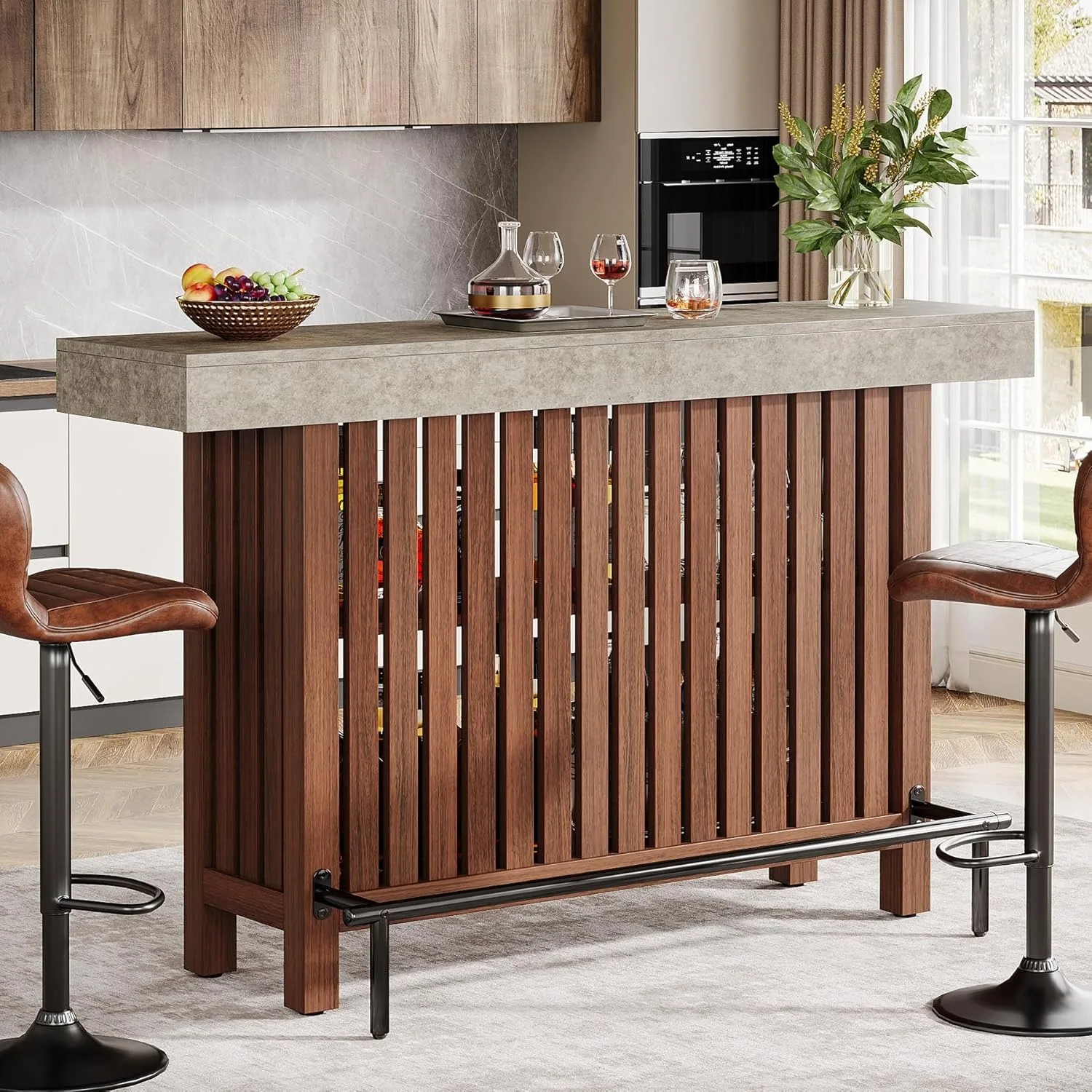 Red Wine LITTLE TREE 63-Inch Large Home Bar Unit, 2-Tier Kitchen Island Mini Bar Height Pub Table with Footrest, Modern Coffee Bar Cabinet