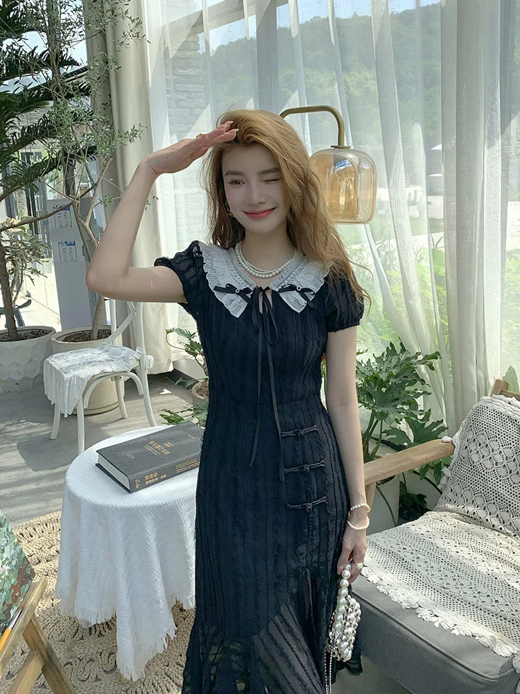 

Pure Desire for an Improved Version of Qipao Skirt, Elegant Temperament, Fishtail Skirt, Contrast Color Doll Neck,