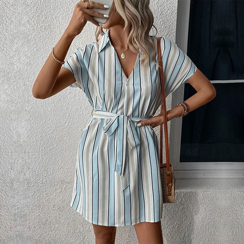 

2024 New Fashion Women Sexy V-neck Striped Print Short Sleeve Bandage Mini Dress Women Turn-down Collar Short Blouse Dress