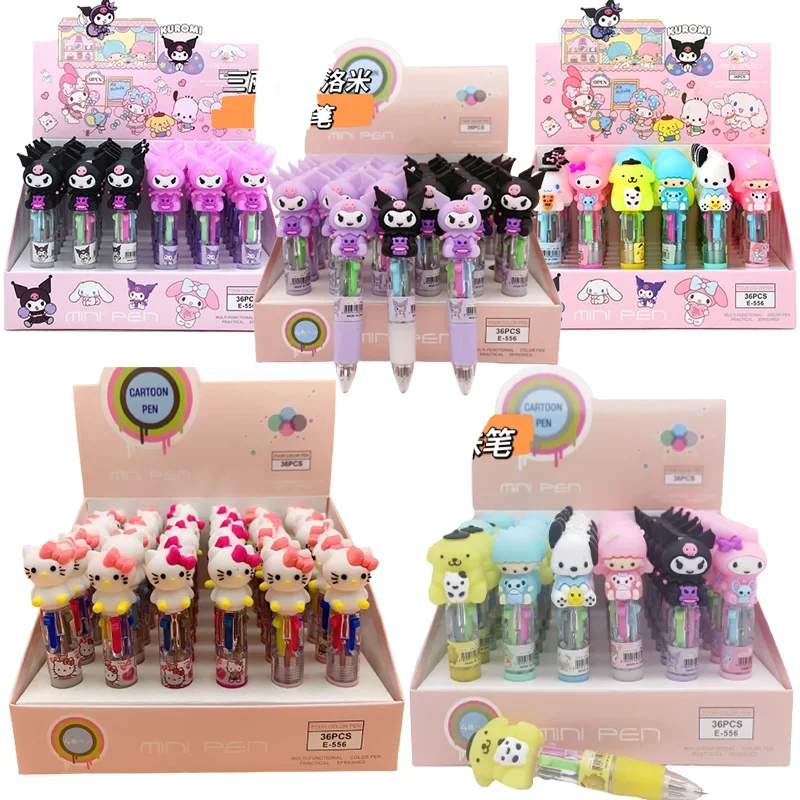 

New Sanrio 12 /36pcs Cartoon Four-color Ballpoint Pen Hello Kitty Kuromi Pochacco Portable Stationery Diy Press-type Student Pen