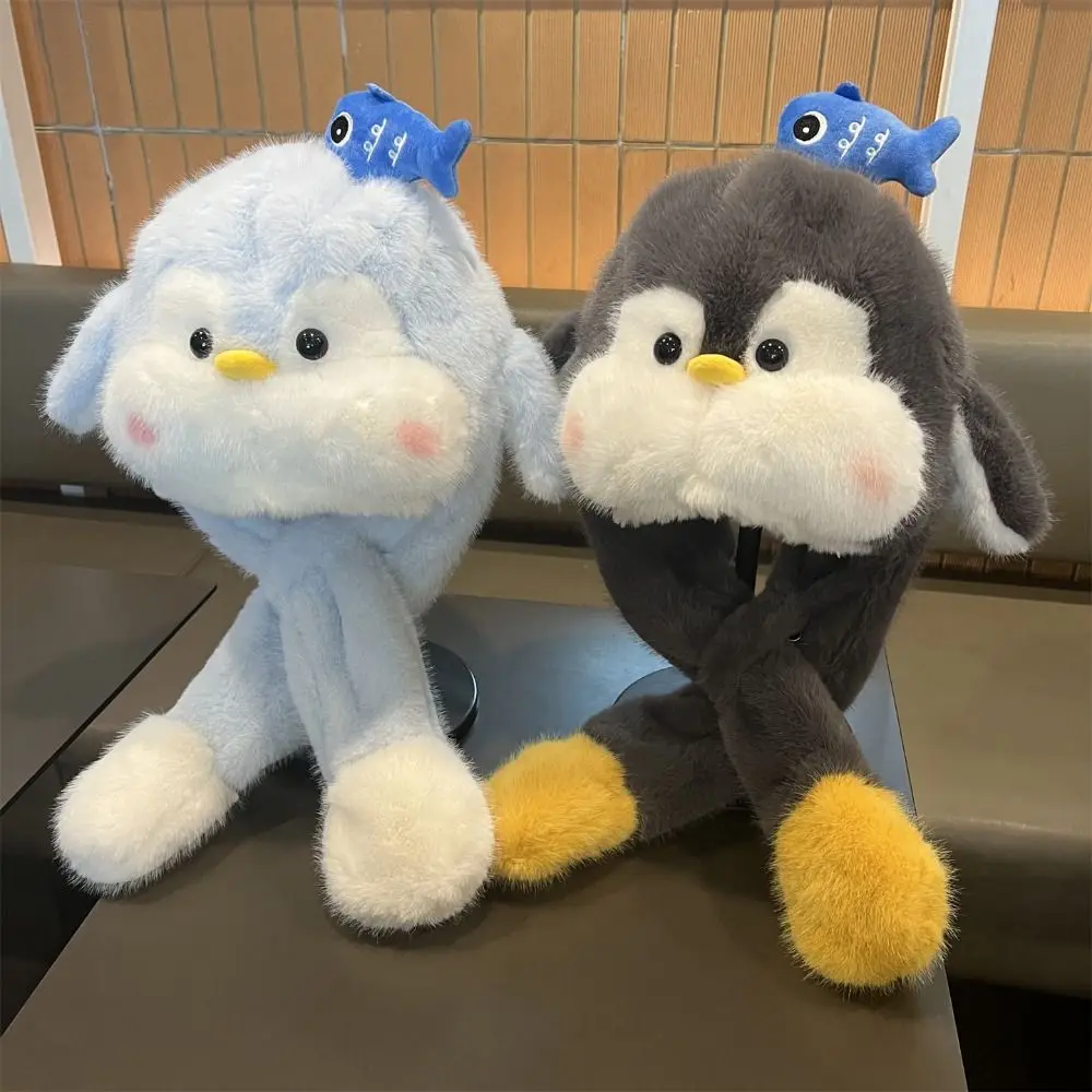 Fluffy Ear Protection Cap Solid Color Fleece Lined Penguin Ear Moving Hat Windproof Thermal Cartoon Penguin Hat Cold Weather