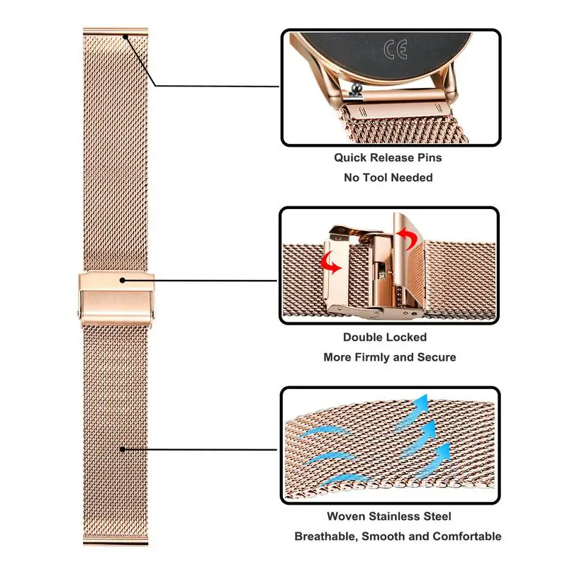Garmin Vivomove HR 워치용 밀라노 스트랩, 스테인레스 스틸 시계 손목 밴드, Garmin 시계 액세서리용 금속 팔찌, 20mm, 22mm