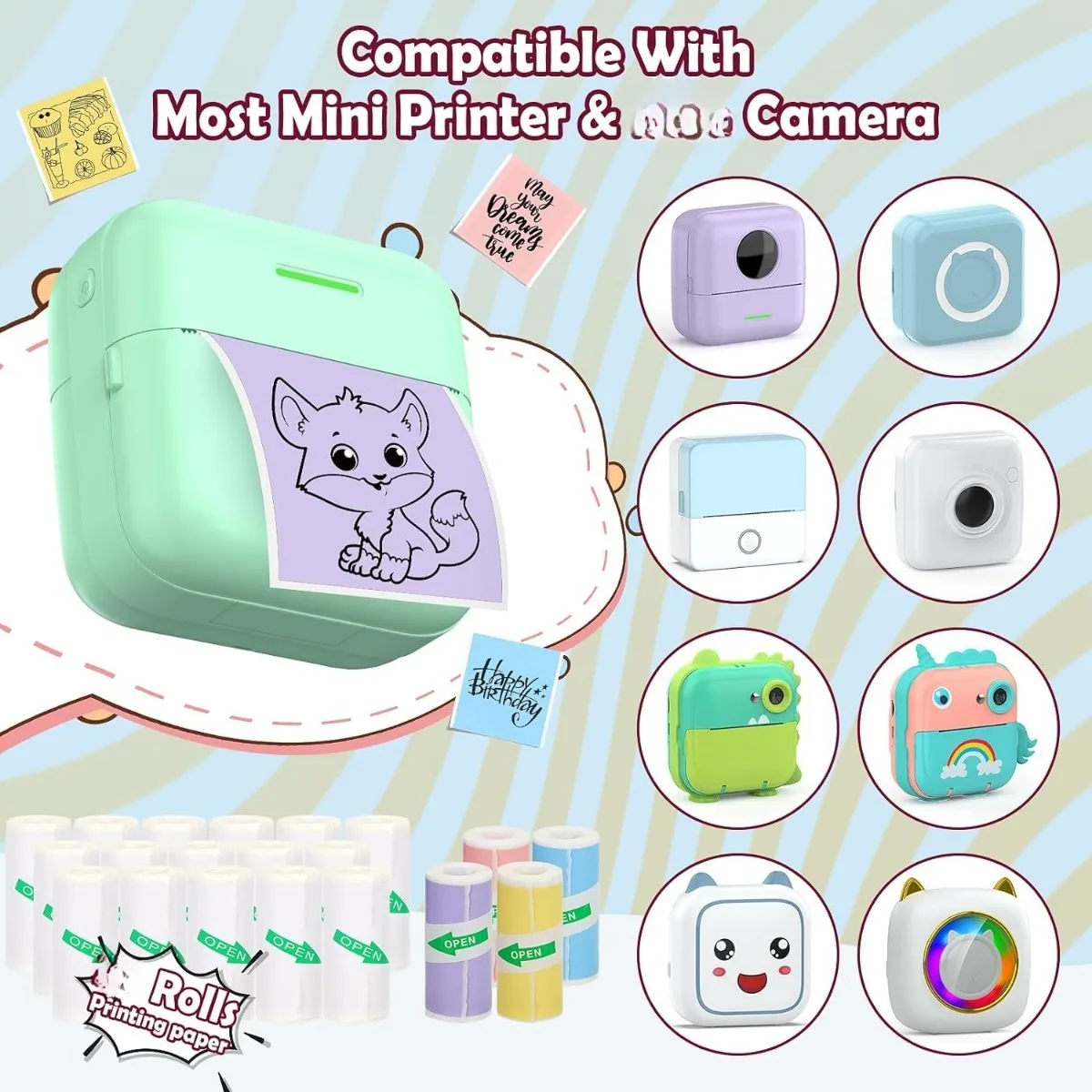 Mini Thermal Printer Paper Thermal Printer Sticker Paper for M02/T02/M02S Sticker Photo Printer and 57mm Mini Pocket Printer