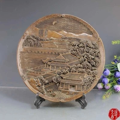 

Exquisite snowflake jade carving Buddhist Pavilion decorative plate