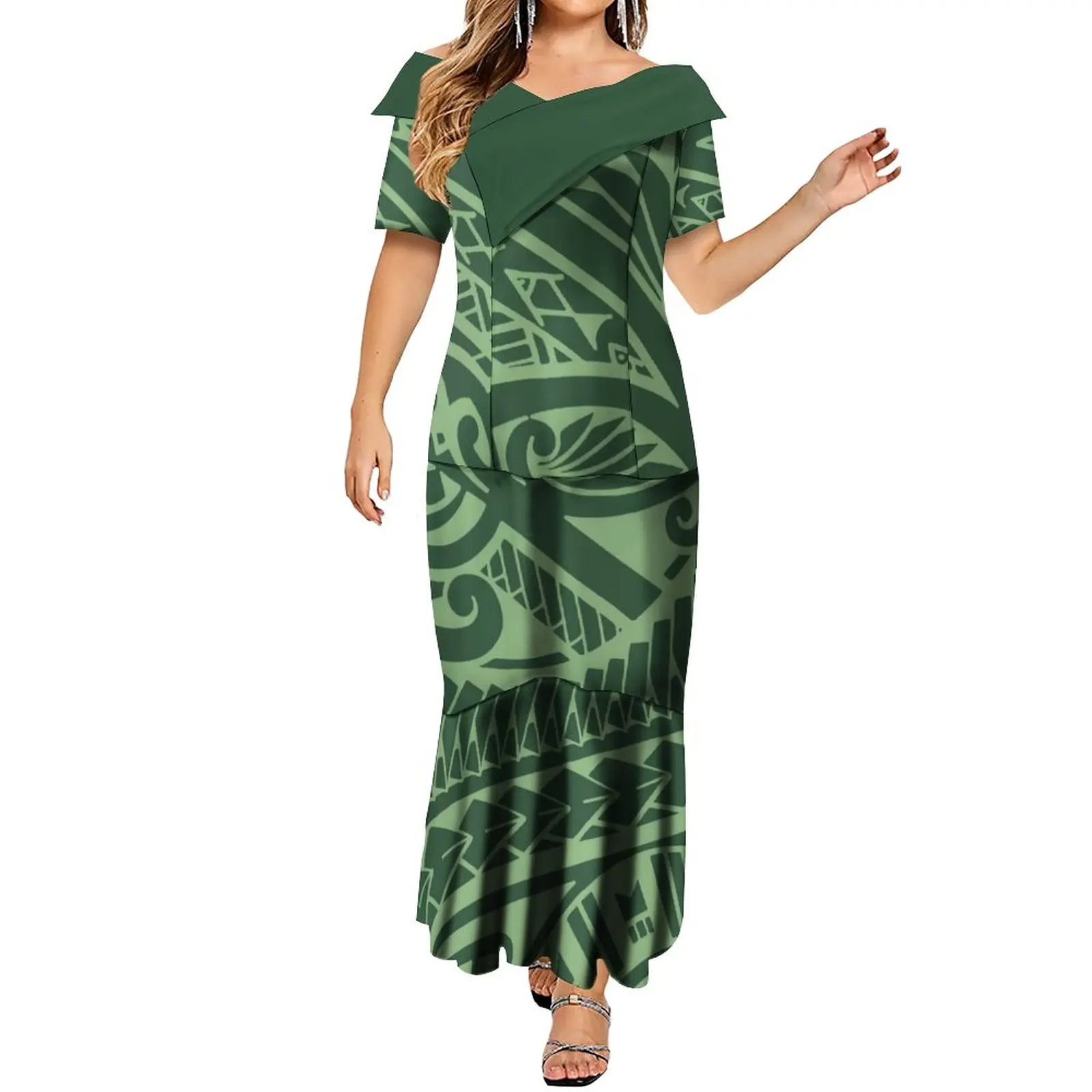 

Women's Dress Summer Short Sleeve Lotus Neck Slim-Fit Dress Lotus Skirt Custom Polynesian Print High Quality Dress