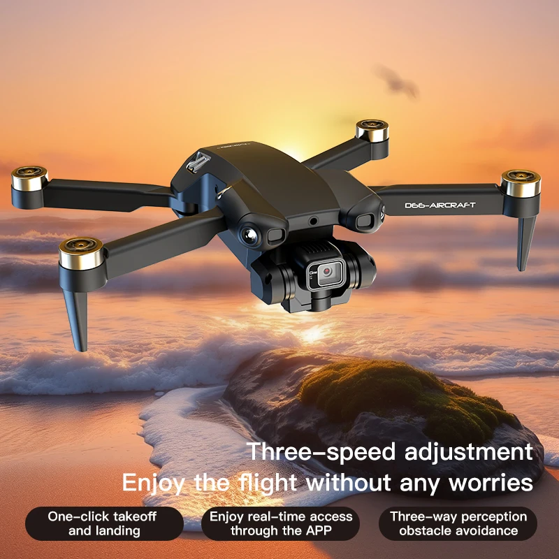 Drone pliable avec caméra 4K et moteur sans balais survolant un paysage naturel, capturant des images nettes.