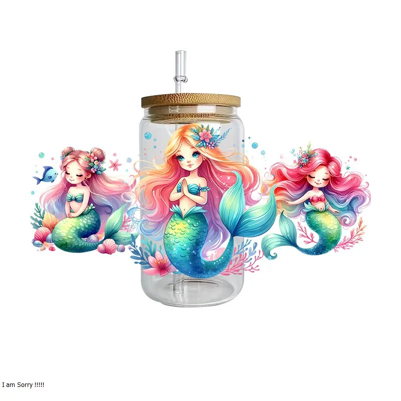 Mermaid series easy peel waterproof DIY Decals Retro Beauty 3D transfers uvdtf crystal sticker 16oz uv dtf cup wraps