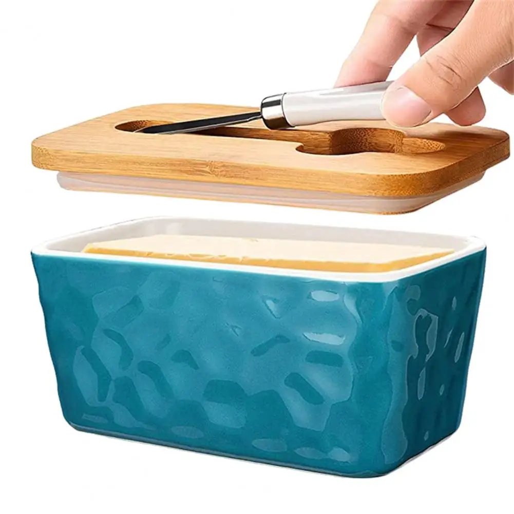 Fridge Butter Container Easy to Clean Butter Dish Elegant Ceramics Dish with Wooden Lid Stainless Steel for Kitchen