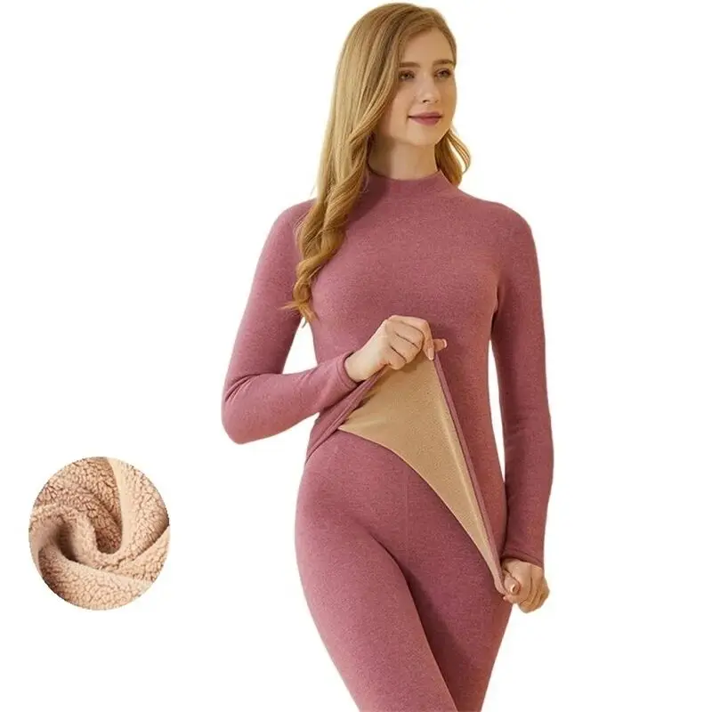 Autumn Winter Women Thermal Underwear Warm Pants Suit Female Round Neck Velvet and Thickening Bottoming Ski Underwaer Sets 6