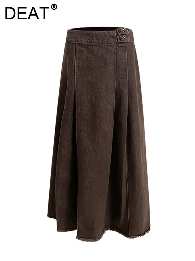 

DEAT Women's Denim Skirt High Waist Brown Patchwork Pleated Long Female Vintage A-line Skirts 2023 Autumn New Fashion 29L4085