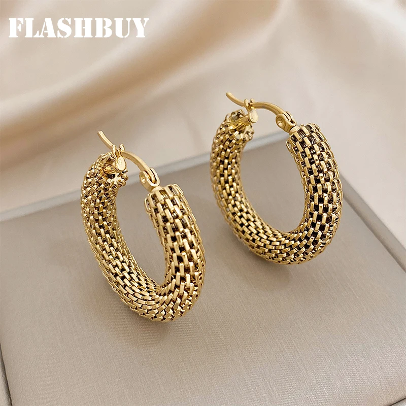 

FLASHBUY Stainless Steel Gold Color Geometric Metal Mesh Earrings For Women Girls New Trend Hoop Ear Jewelry Gift