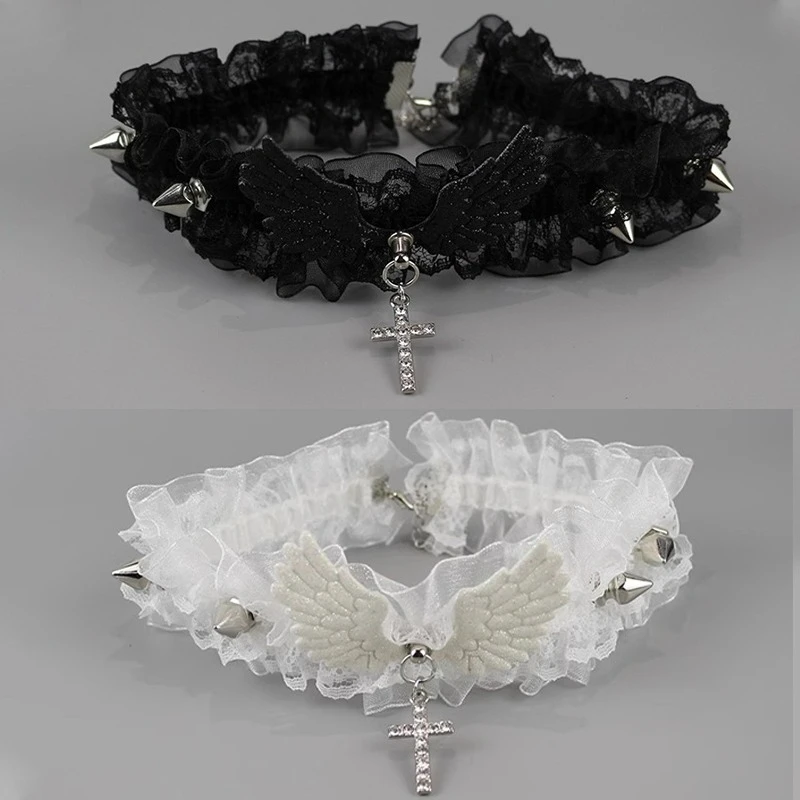 Collier en dentelle pour femmes et filles, couleur unie, larges Rivets, Lolita, ras du cou, ailes d'ange Y2K, collier en cuir Cool, usage quotidien - AliExpress