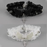 Collier en dentelle pour femmes et filles, couleur unie, larges Rivets, Lolita, ras du cou, ailes d'ange Y2K, collier en cuir Cool, usage quotidien 1