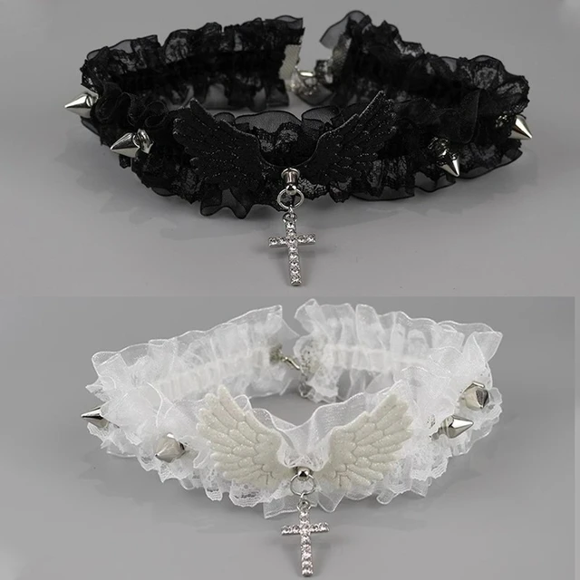 Collier en dentelle pour femmes et filles, couleur unie, larges Rivets, Lolita, ras du cou, ailes d'ange Y2K, collier en cuir Cool, usage quotidien 1