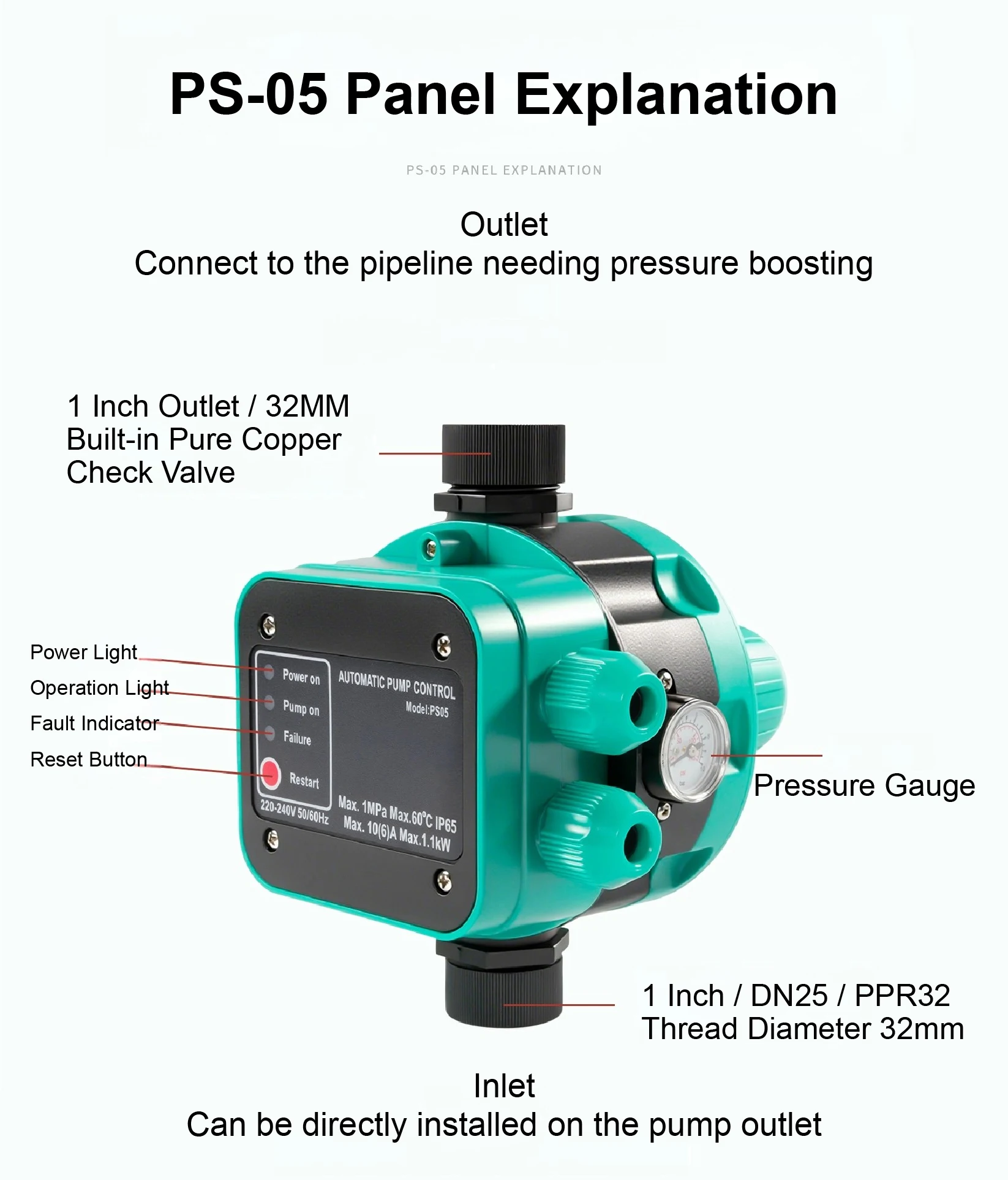 S18 Water Pump Pressure Controller Adjustable Pressure Automatic Switch Pipeline