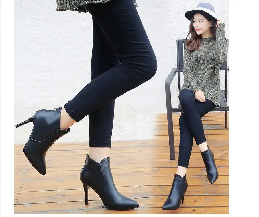 New Women Boots Ankle PU Leather Boots High Heels Autumn Shoes Black Winter Boots Fine with high heels Pointed Toe Shoes Large