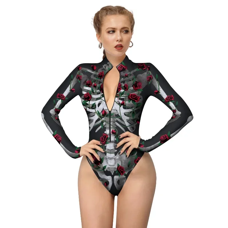 VIP FASHION Women Scary Skeleton Ghost Punk Print Halloween Long Sleeve Zentai Bodysuit Catsuit Sexy Swimsuits Cosplay Costumes
