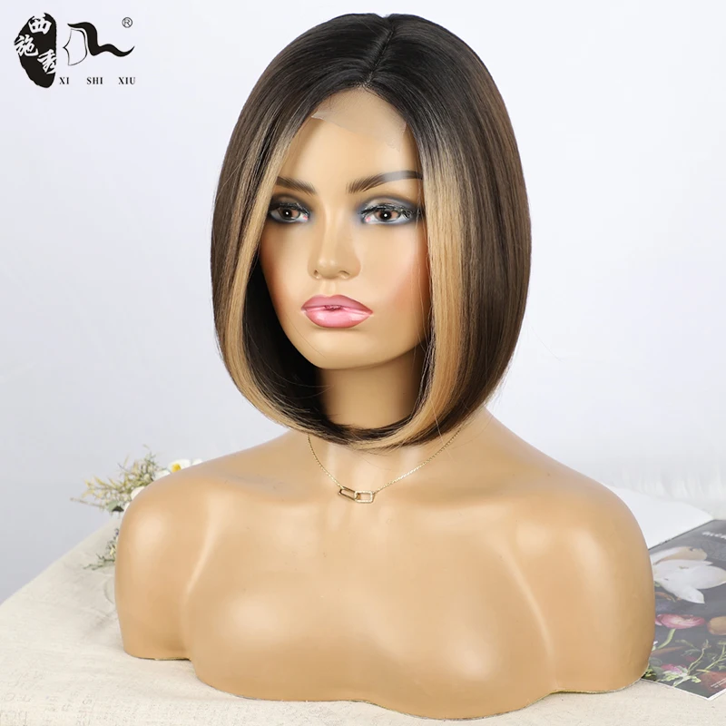 

Synthetic Highlights Brown Wig Short Straight Bob Wig For Women Natural Hair Middle Part Lace Wig Ombre Honey Blonde Cosplay Wig