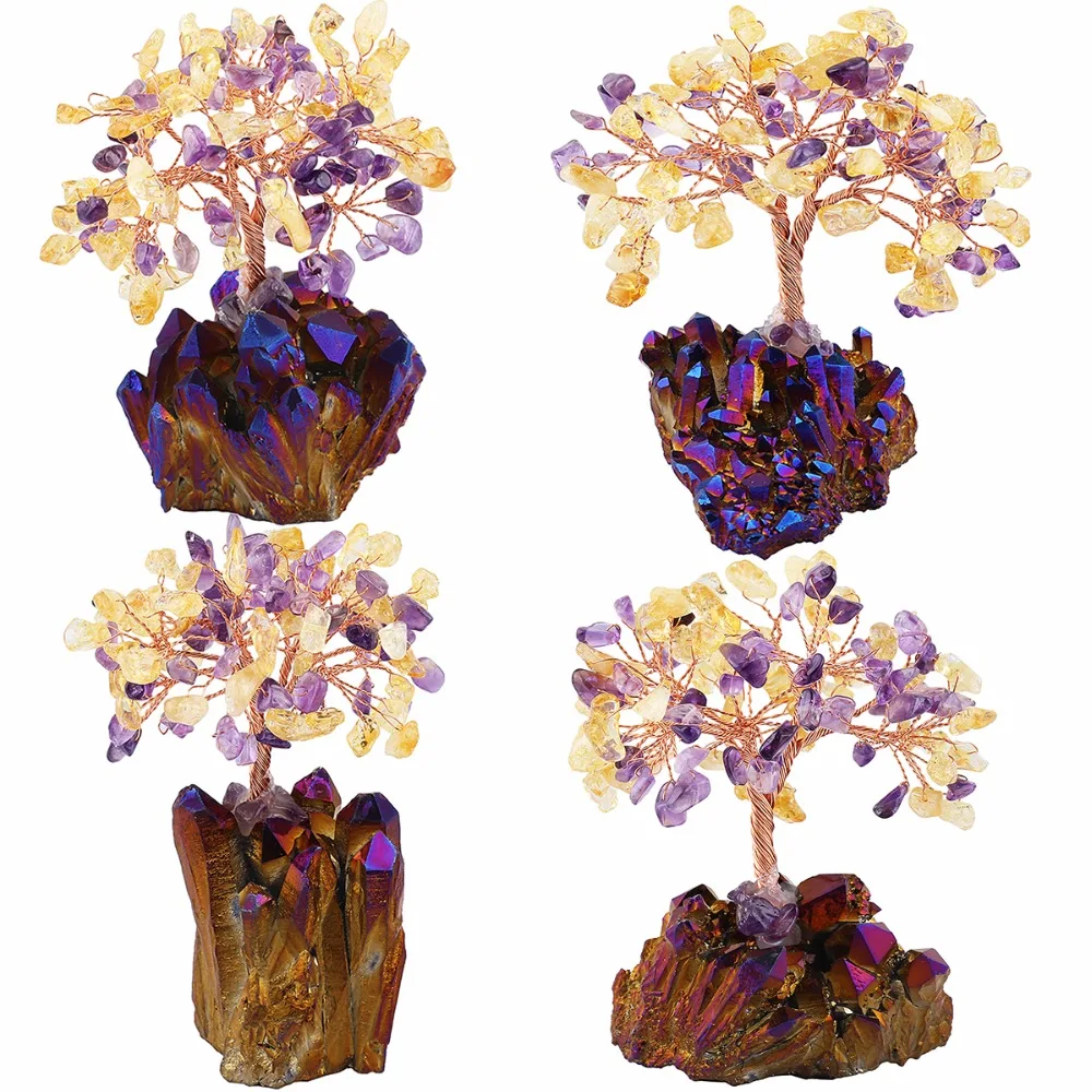 Natural Crystal Money Tree With Gold Purple Titanium Quartz Cluster Base Bonsai Lucky Money Tree Room Decoration Home Ornaments