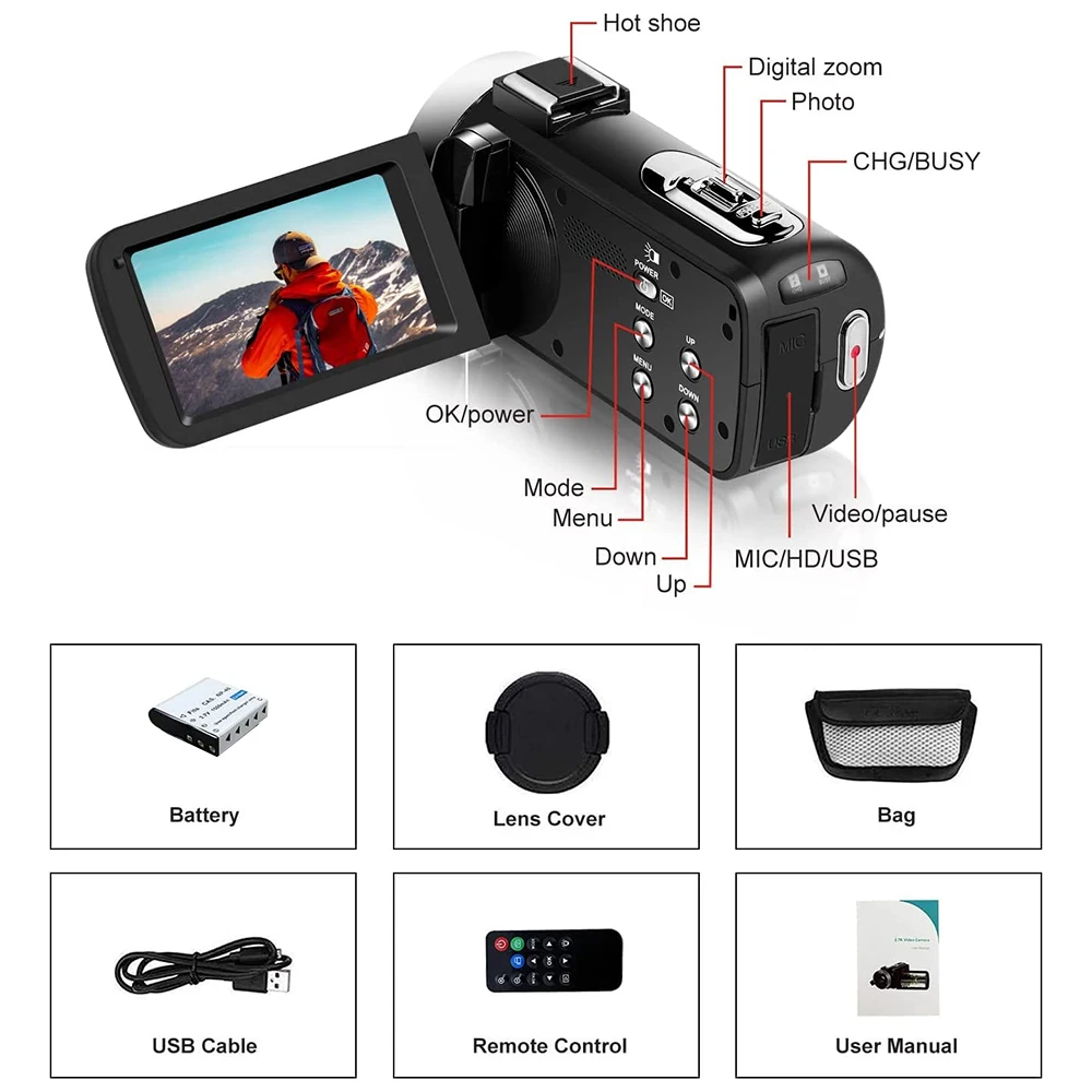 Cámara de fotografía Digital portátil 4K, 2 en 1, grabación de vídeo y fotos, cámara de vídeo de viaje DV, Zoom 18X, pantalla giratoria de 3 pulgadas con Flash