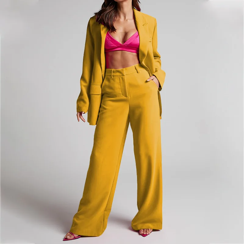 Tesco Fuchsia 2 Piece Women Suit Sets Casual Lapel Collar Blazer Wide Leg Long Pants For Autumn Lady Wear Loose Female Clothes