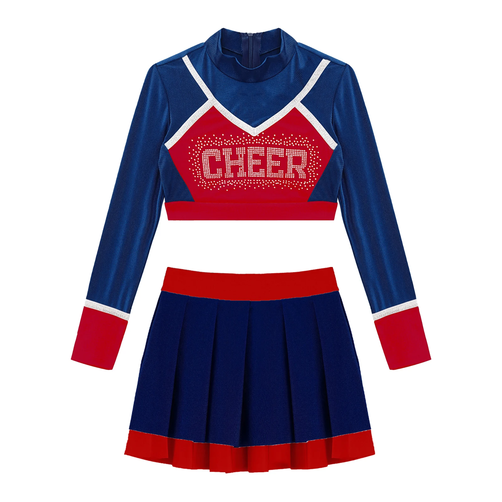 Description Picture 4 of itemKids Girls Cheerleading Dance Outfit School Girls Cheerlead Uniform Teamwear Patchwork Long Sleeve Crop Top with Pleated Skirt