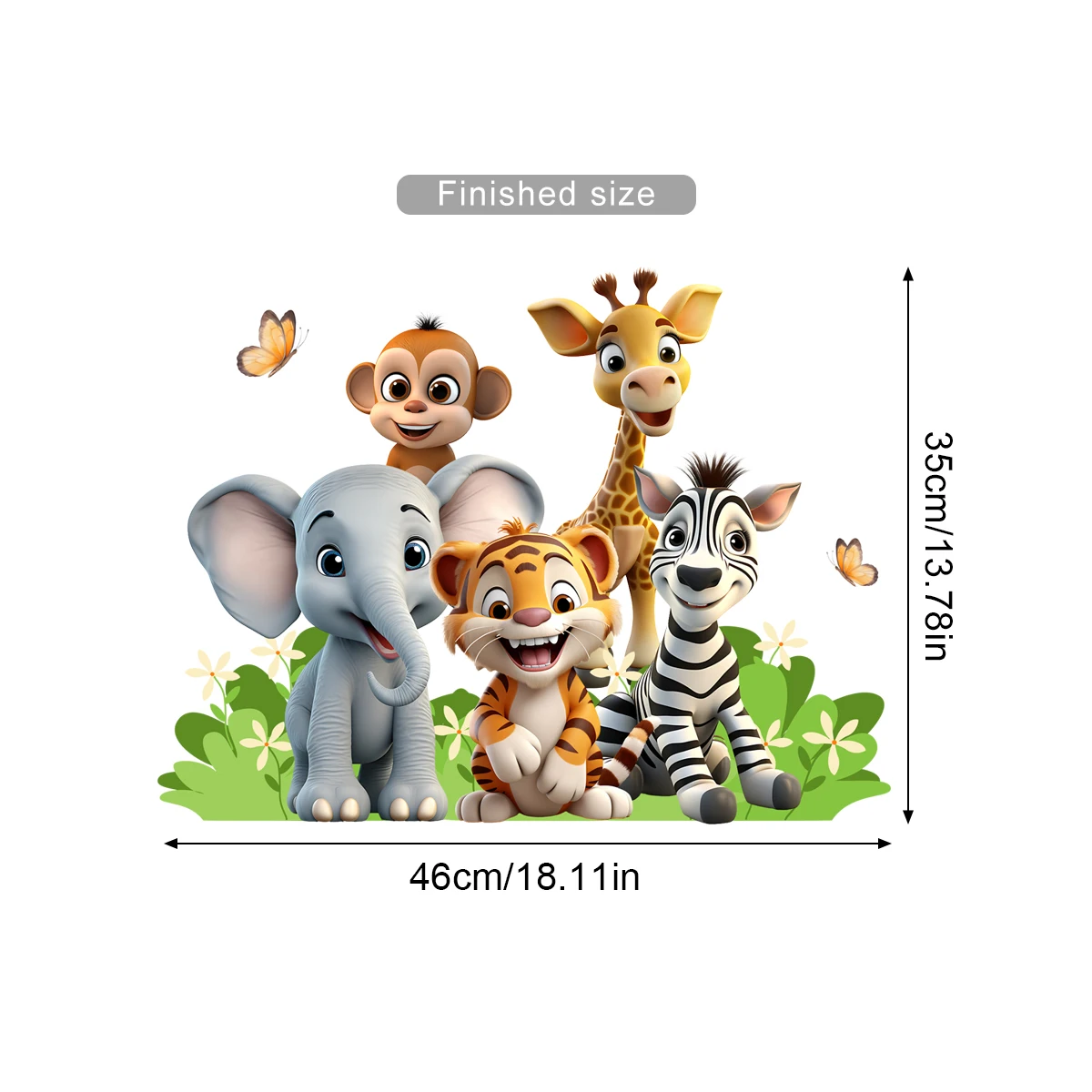 Adesivi Da Parete Animali Della Giungla – Giraffa, Elefante, Zebra, Leone, Foglie Verdi, 90x40 Cm, Per Cameretta Bambini