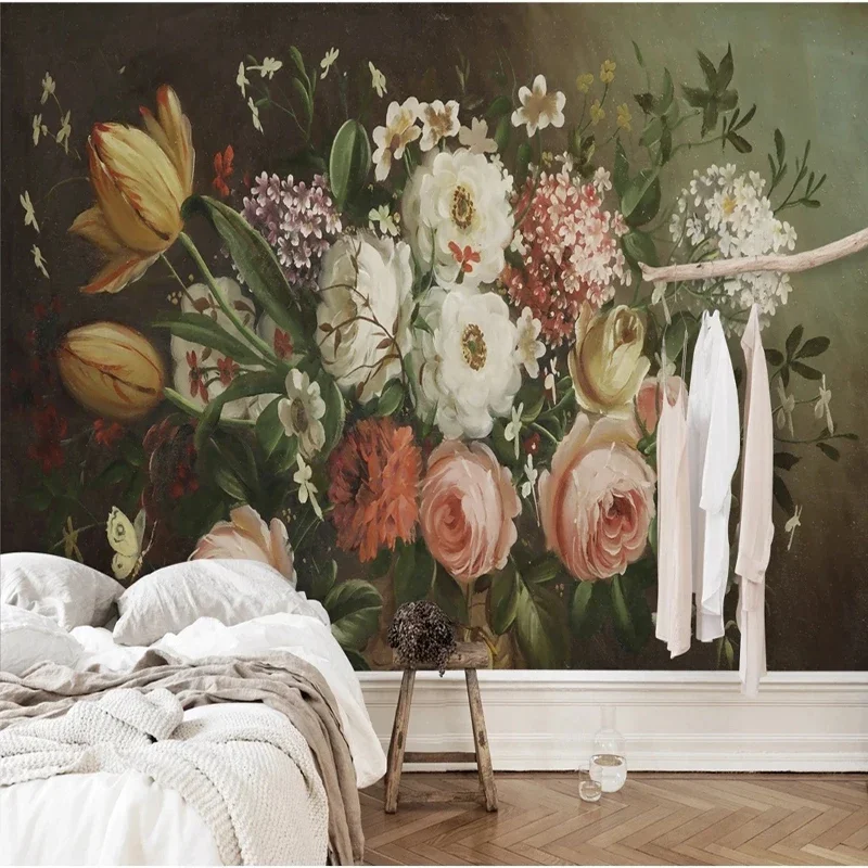 Custom 3D Mural Wallpaper European Retro Nostalgic Flowers Style Indoor Bedroom Study Background Wall Home Decorative Wall Cloth 128 sheets a5 a6 blank grid line canvas vintage retro flower notebook monthly weekly daily planner study work agenda stationery