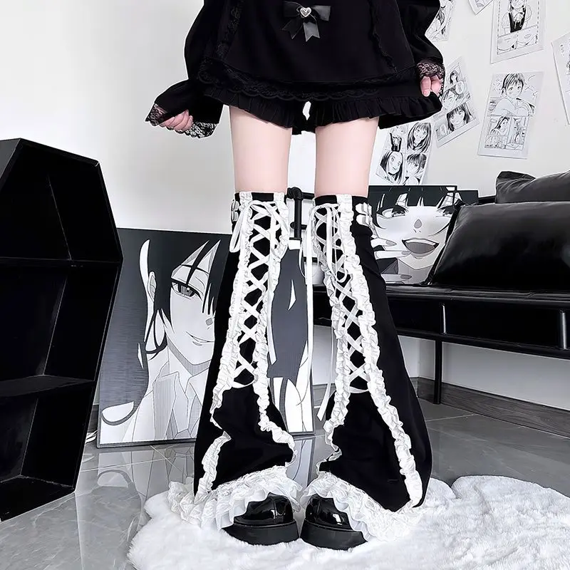 Subculture Y2k Black Lace Socks Long Tube Slimming Socks Harajuku Vintage Bandage Leg Warmers Hot Girls Chic
