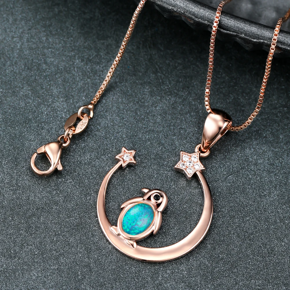 

Cute Rose Gold Color Moon Star Penguin Pendant Necklace for Women With White Blue Opal Stone Banquet Birthday Dainty Jewelry