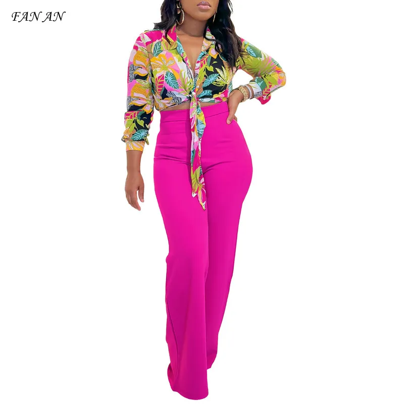 Fashion New Women's Spring and Autumn Suit Printed Lapel Long-sleeved Shirt Top Wide-leg Trousers Slim Trousers Two-piece Set