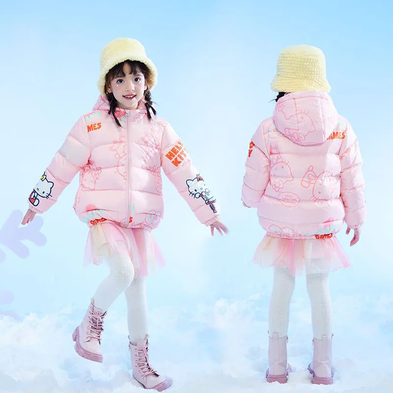 

Kawaii Genuine Sanrio Cartoon Anime Children Down Jacket Hello Kitty Cute Girls Short Hooded Top Student Winter Outdoor Clothing