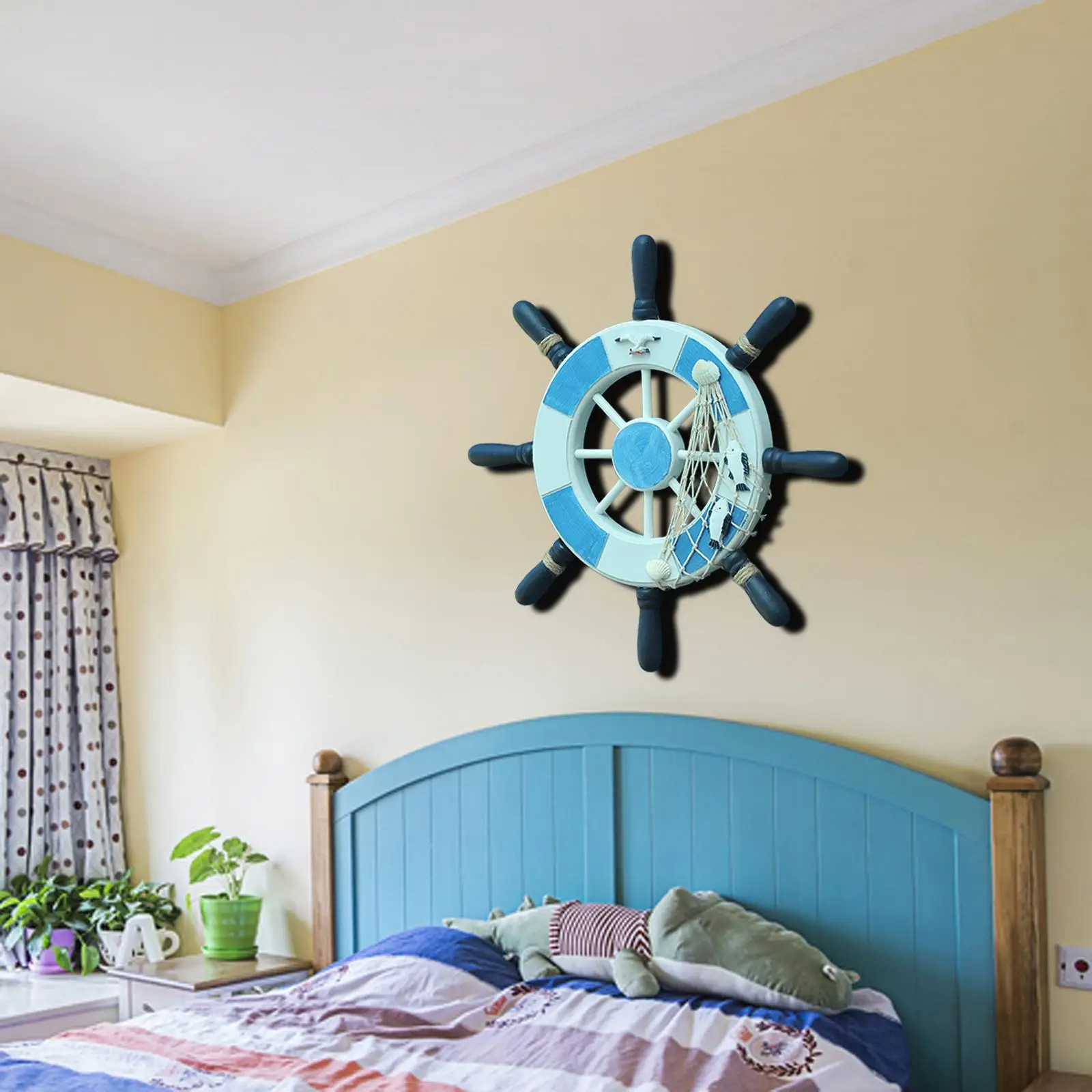 Nautical Wood Ship Wheel Wall Hanging Navy Decor Rustic Beach House Decoration for Home Office