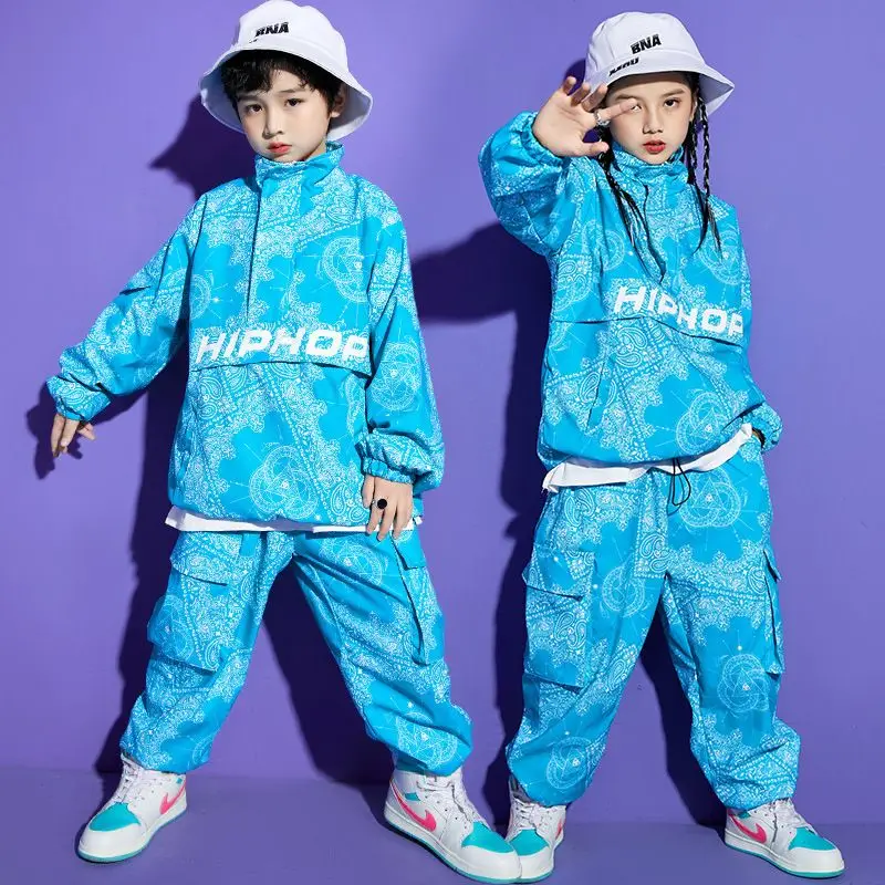 Boy Hip Hop Sweatshirt Joggers Clothes Sets Girls High Collar Paisley Top Cargo Pants Child Street Dance Kids Streetwear Costume