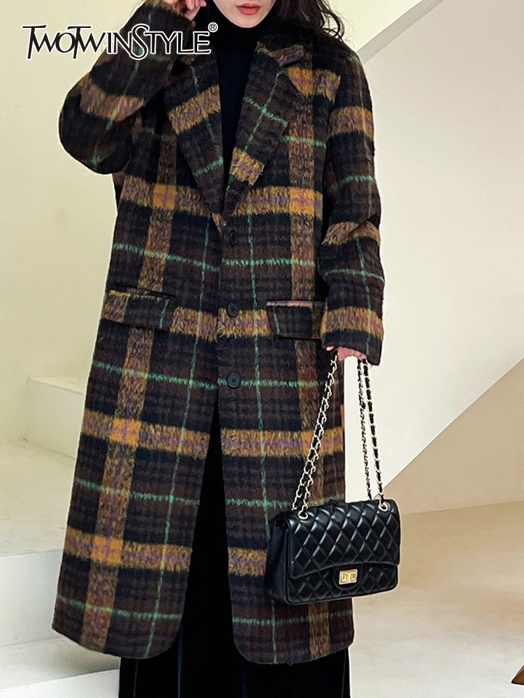 

TWOTWINSTYLE Colorblock Plaid Trench For Women Notched Collar Long Sleeve Patchwork Single Breasted Chic Trenches Female Style