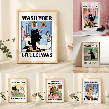 Cute Wash Paws Cat Canvas Print Kawaii WashRoom Bathroom Nursery Wall Art Poster for Modern Living Room Bedroom Home Decor 1