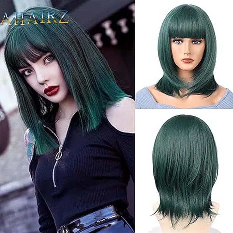 

Short Straight Dark Green Wig Synthetic Bob Wigs with Bangs for White Women Cosplay Daily Use Wig Natural Hair Heat Resistan