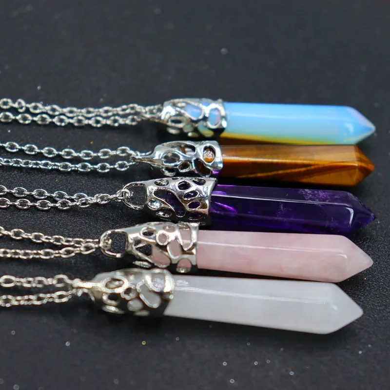 

Natural Stone Reiki Healing Necklace Hexagonal Bullet opal Amethysts Quartz Pink Crystal Chakra Pendulum Necklace