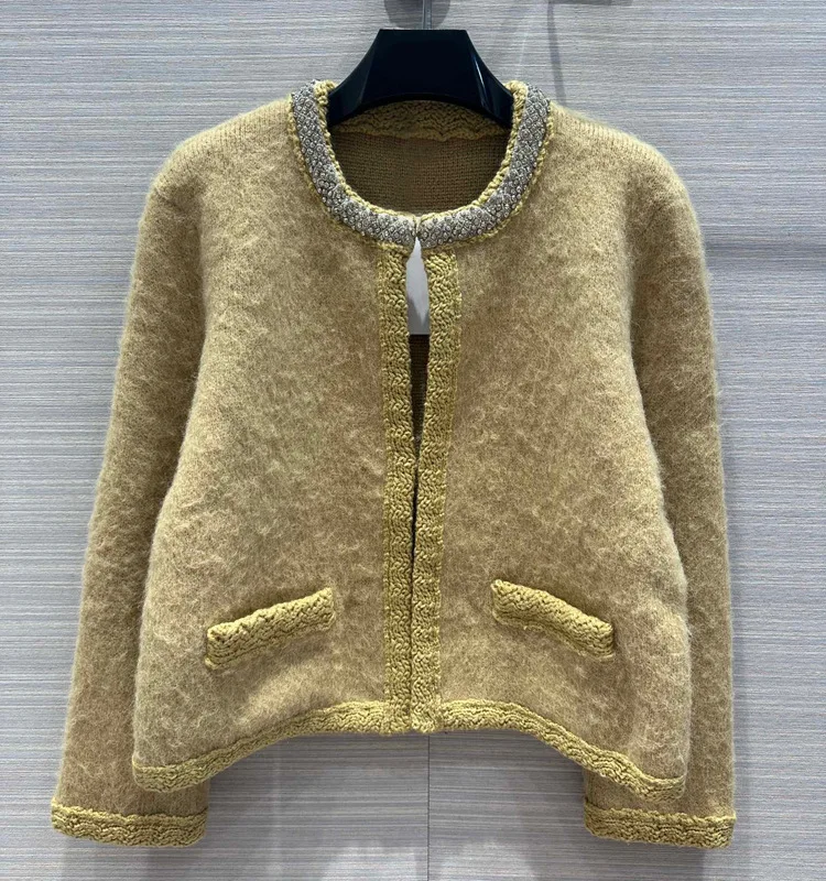 

2023 Mohair cardigan jacket Sweet age reducing rhinestone round neck plush short sweater Autumn and Winter women's clothing