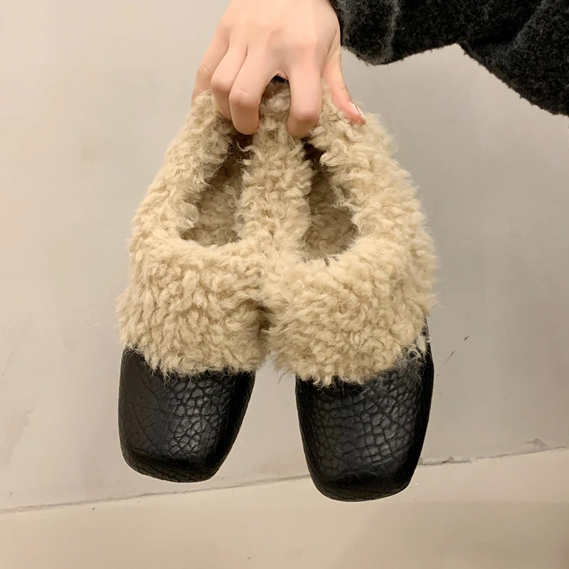Aphixta 5cm Height Increasing Woman Casual Shoes Furry Slip On Square Toe Fashion Warm Woman Autumn Winter Flats Shoes