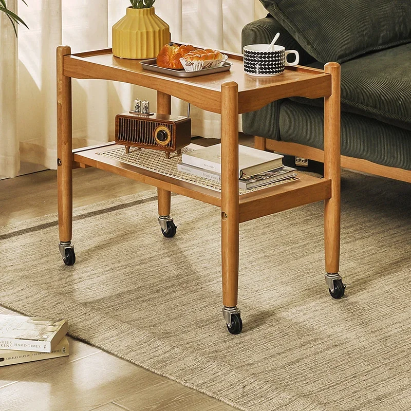 Solid Wood Removable Sofa Coffee Table Double Layer Rattan Woven Living Room Low Table Walnut Wheel Tea Cart